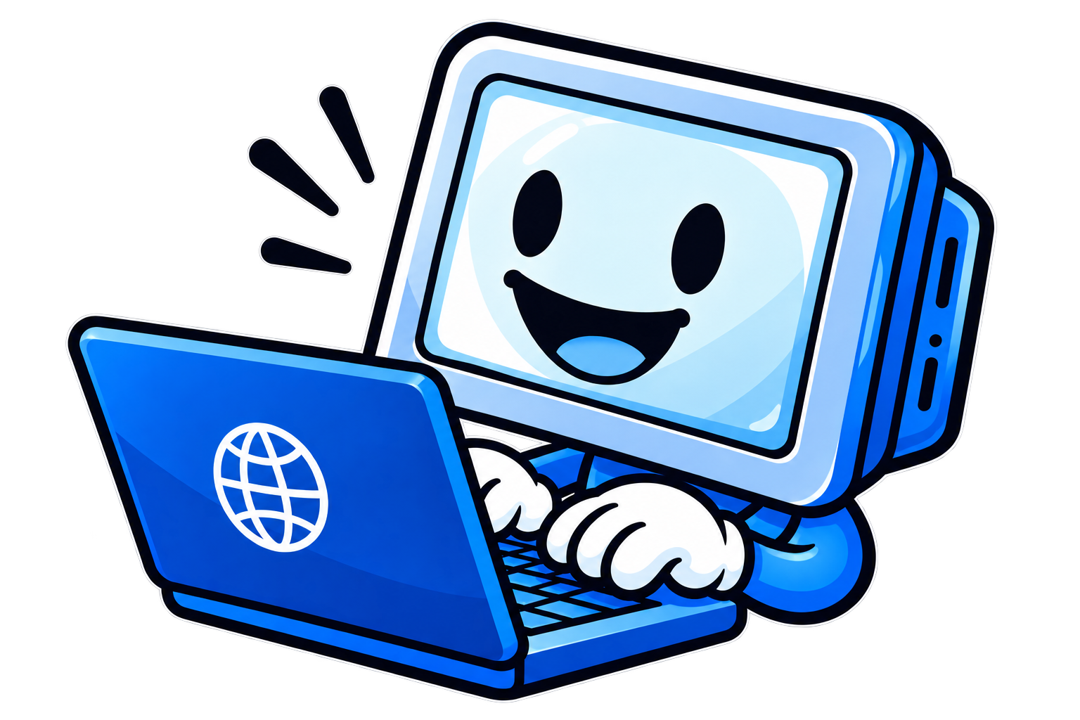 U Give Money, I Give Website computer mascot typing on a laptop